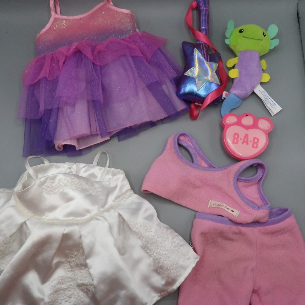Build A Bear Workshop Bride Wedding, Rainbow Dresss  Pink PJs Pajamas Guitar lot